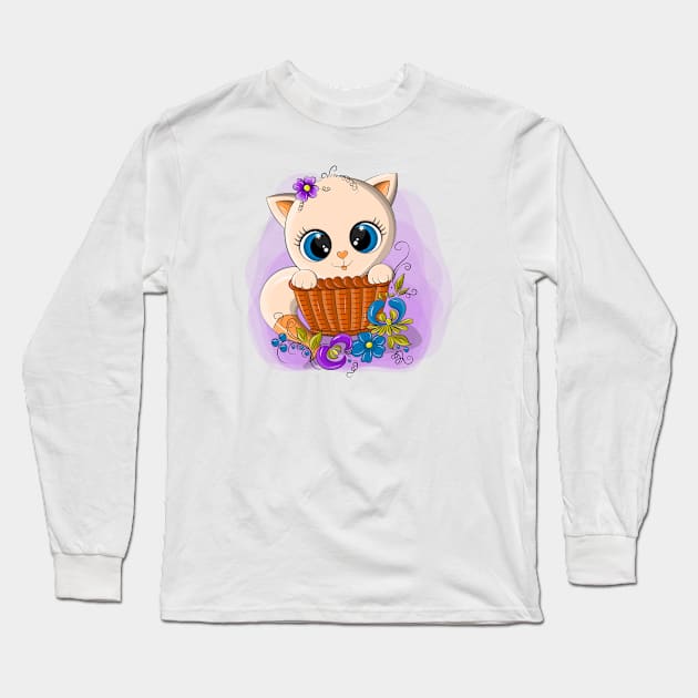 Funny beige cat in a wicker basket Long Sleeve T-Shirt by Eduard Litvinov